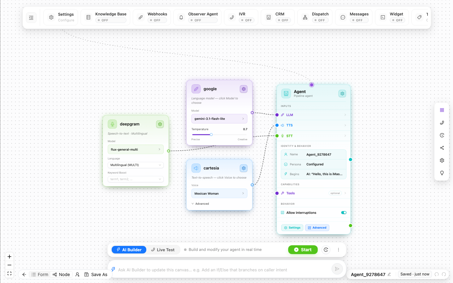 The visual agent builder showing LLM, TTS, and STT cards connected to the Agent node