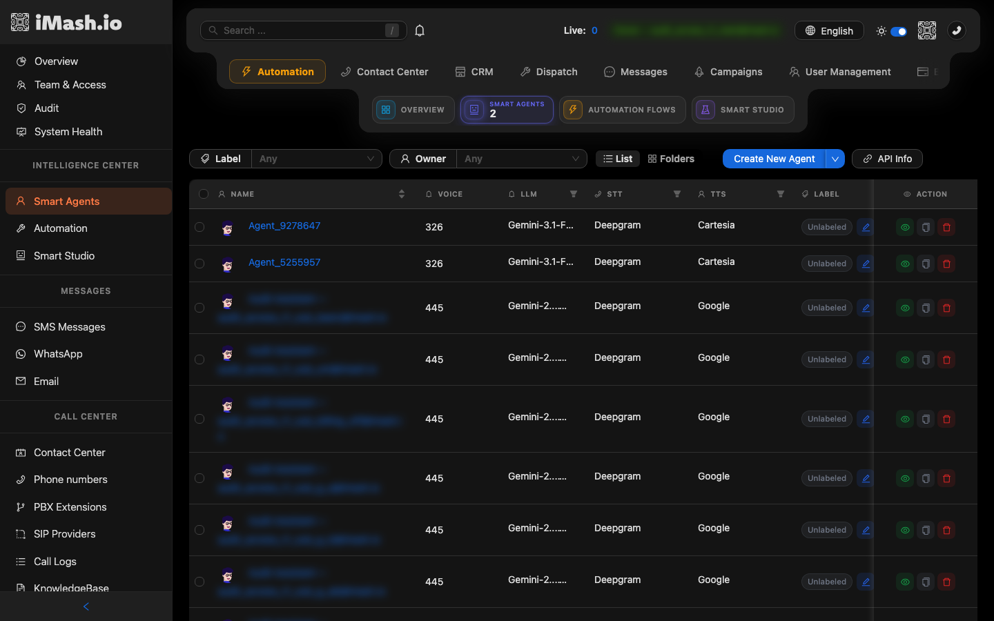 Smart Agents list with the Create New Agent button