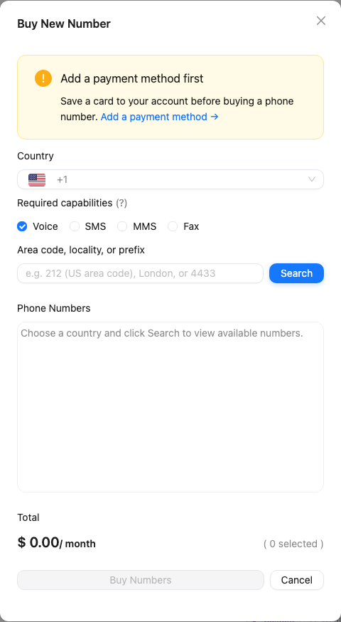 The Buy New Number modal with country, capabilities, and area code search