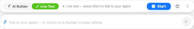 The Live Test bar with the Start button in the agent builder