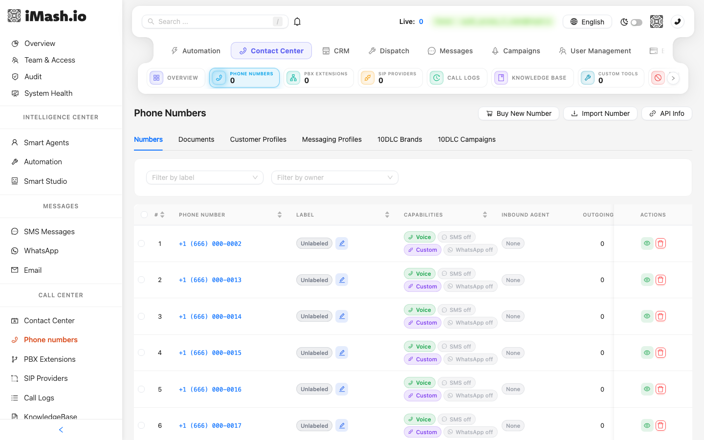 The Phone Numbers page with Buy New Number and Import Number buttons